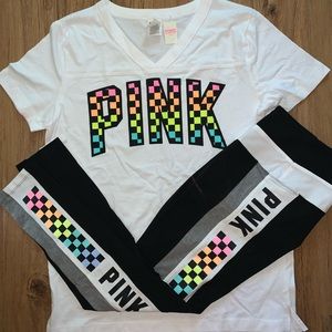 VS Pink Checkered Campus Tee and Leggings
